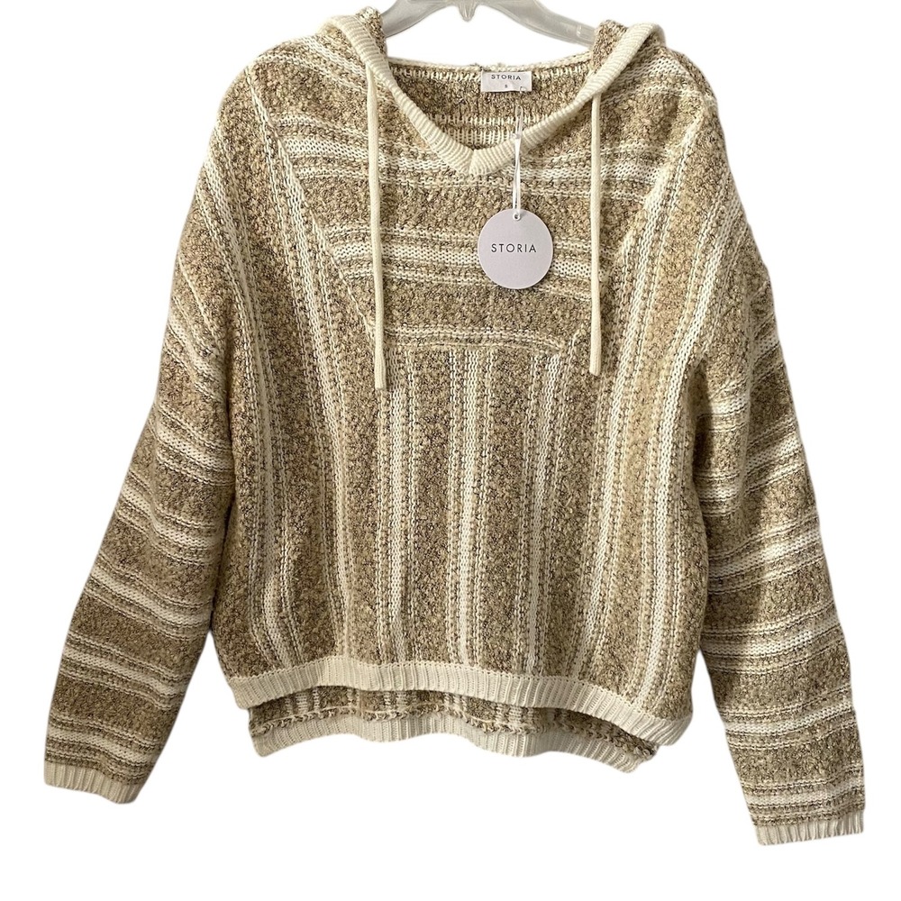 STORIA Striped Knit Hoodie Sweater Beige White High Low Casual Lounge Size Small